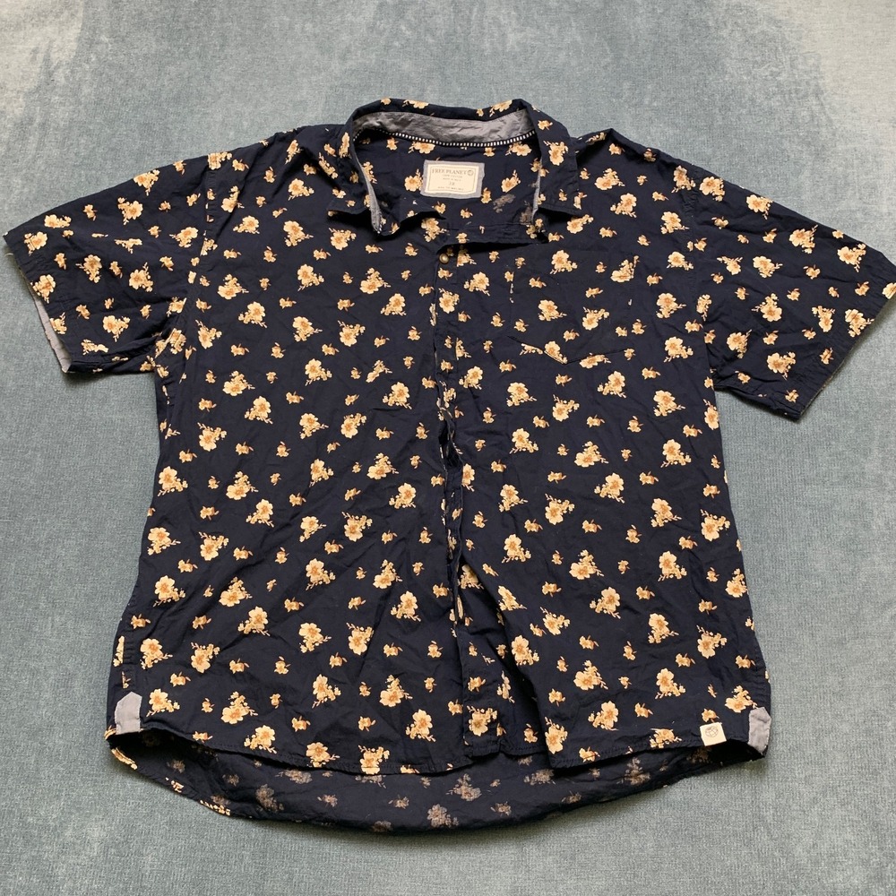 Free Planet Shirt Mens 3X Navy Beige Floral Print Cotton Short Sleeve Button Up